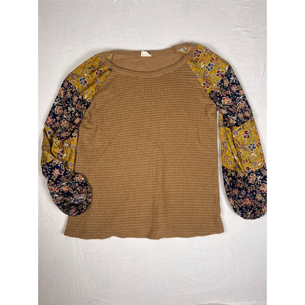 Waffle Knit Top Womens L Tan Excellent Floral Patchwork Raglan Sleeve Boho Chic‎